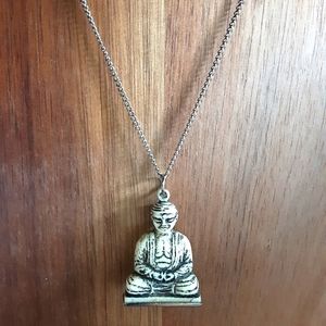 3-D Buddha Necklace Faux Yak Bone Resin Silvertone Chain 18"